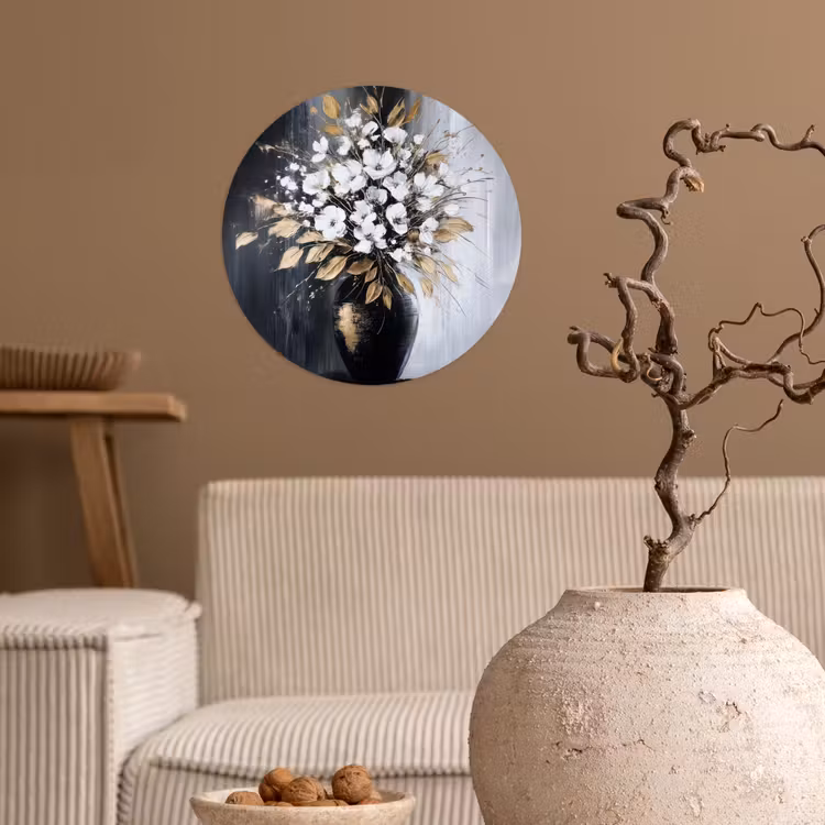 Bloemen - Wit - Vaas - Abstract Wandcirkel behangsticker klein -sfeer1