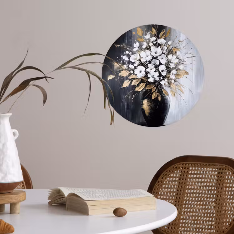 Bloemen - Wit - Vaas - Abstract Wandcirkel behangsticker klein -sfeer3