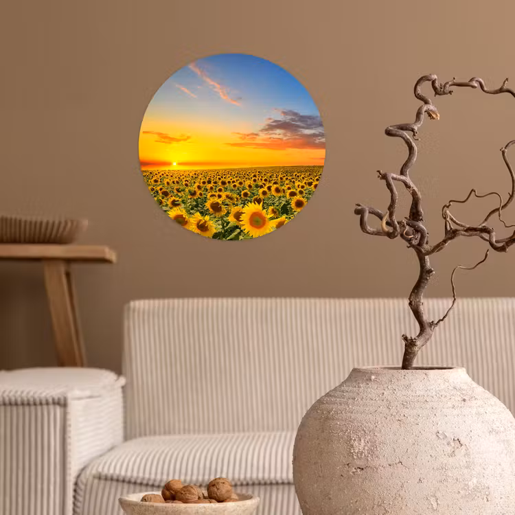Bloemen - Zonnebloem - Zonsondergang - Nacht - Oranje Wandcirkel behangsticker klein -sfeer1