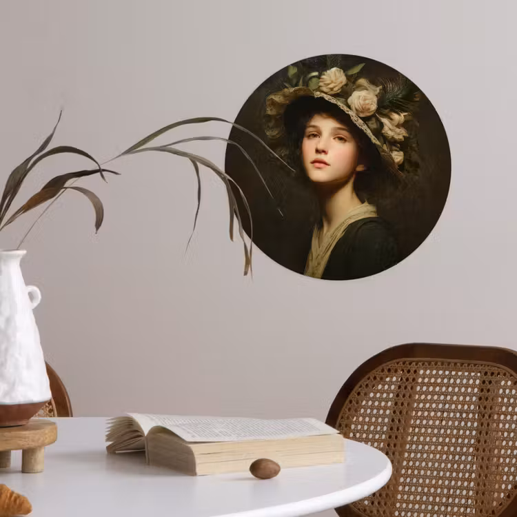 Bloemenhoed - Portret - Vrouw Wandcirkel behangsticker klein -sfeer3
