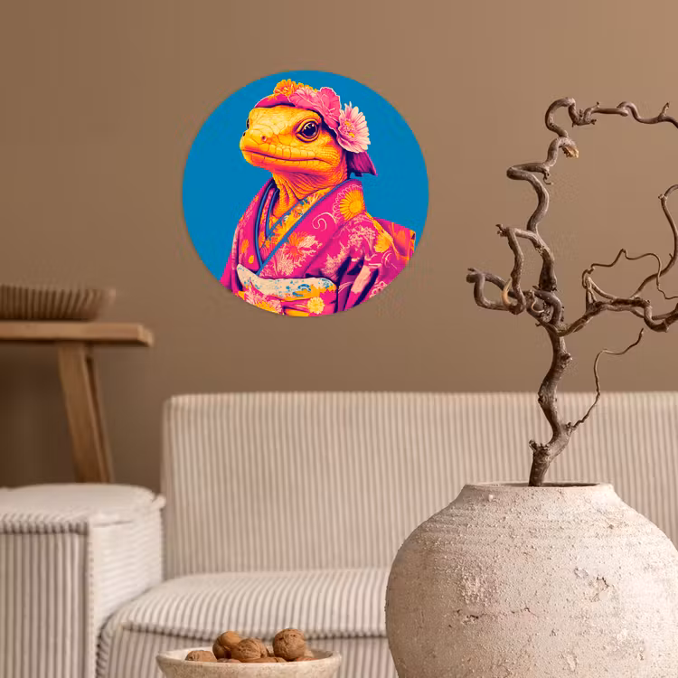 Bloemenkrans - Hagedis - Kimono - Paars Wandcirkel behangsticker klein -sfeer1