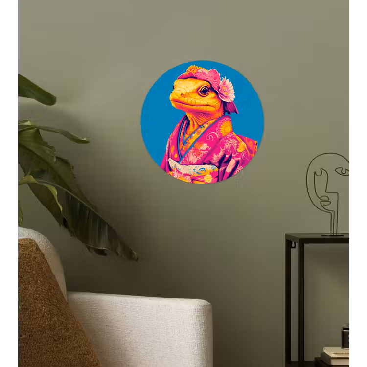 Bloemenkrans - Hagedis - Kimono - Paars Wandcirkel behangsticker klein -sfeer2