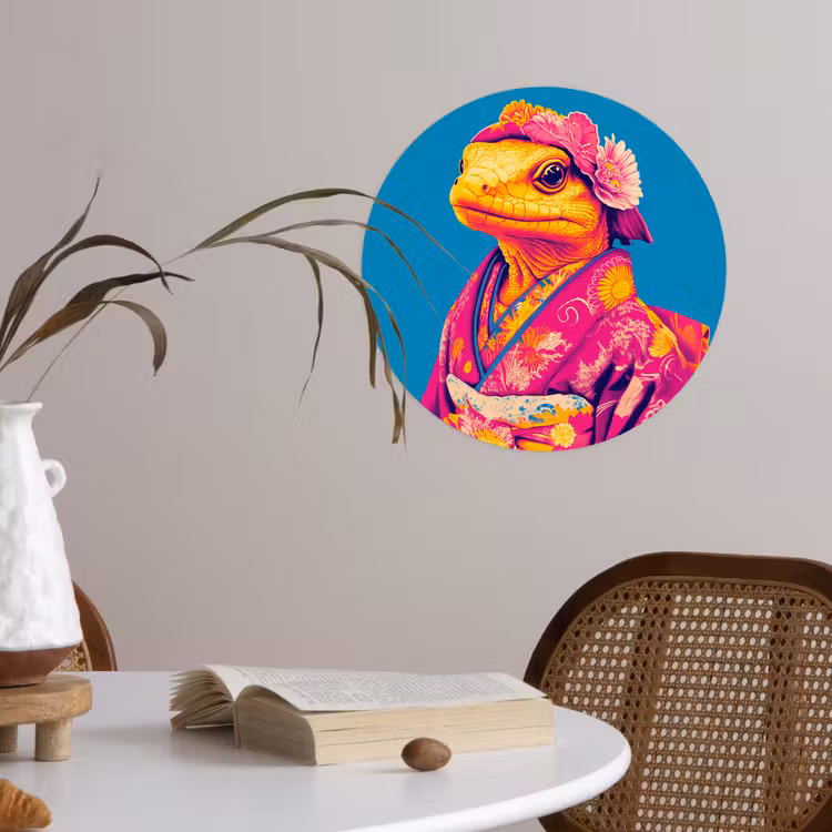Bloemenkrans - Hagedis - Kimono - Paars Wandcirkel behangsticker klein -sfeer3