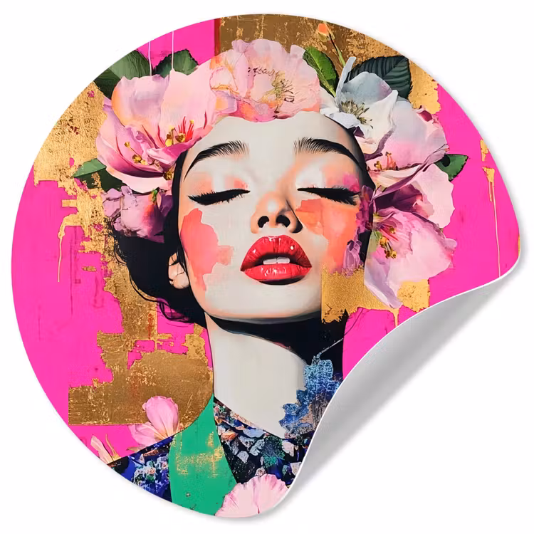 Bloemenkroon - Goud - Vrouw - Portret Wandcirkel behangsticker klein -3d