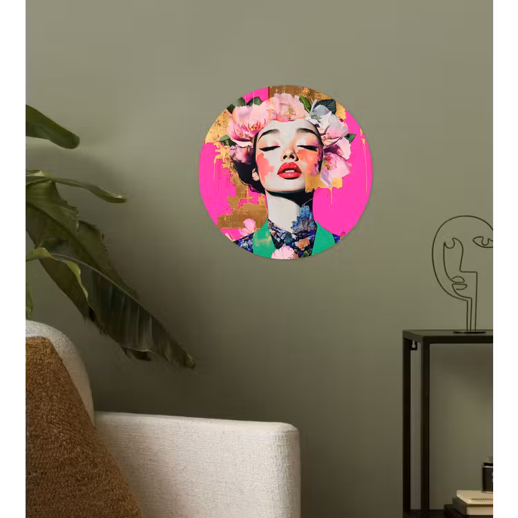 Bloemenkroon - Goud - Vrouw - Portret Wandcirkel behangsticker klein -sfeer2