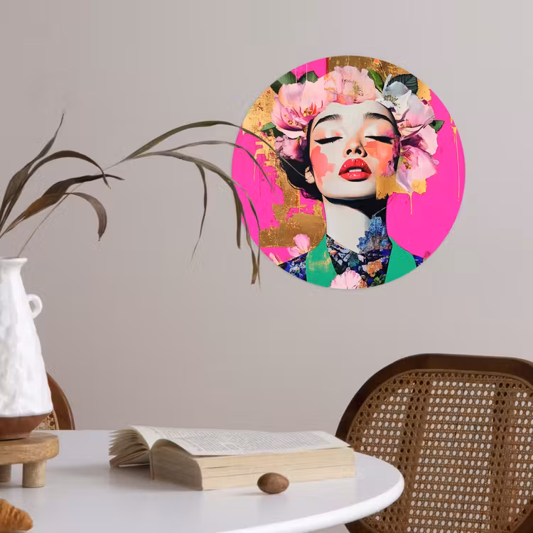 Bloemenkroon - Goud - Vrouw - Portret Wandcirkel behangsticker klein -sfeer3
