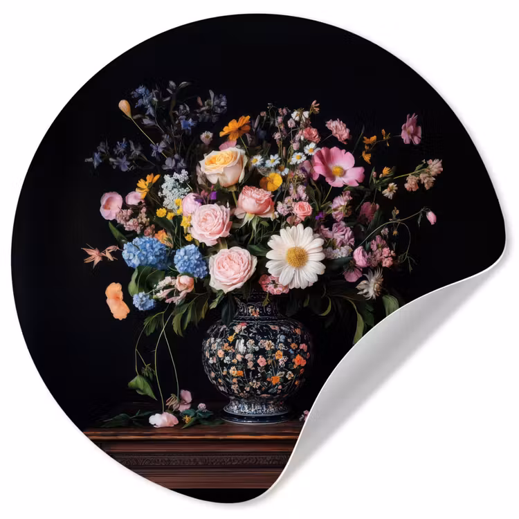 Bloemenvaas - Hout - Bloemen - Boeket Wandcirkel behangsticker klein -3d