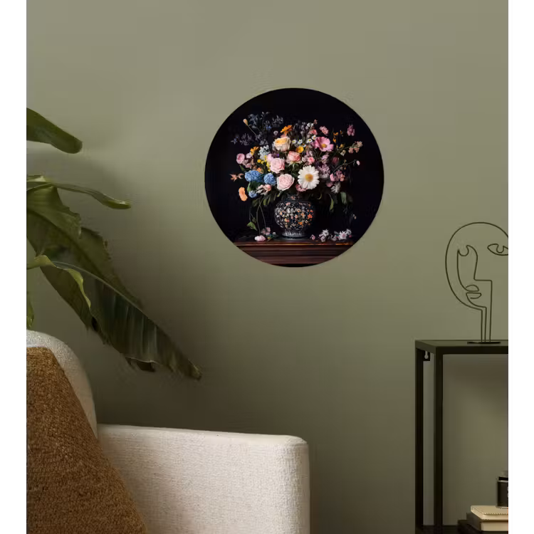 Bloemenvaas - Hout - Bloemen - Boeket Wandcirkel behangsticker klein -sfeer2