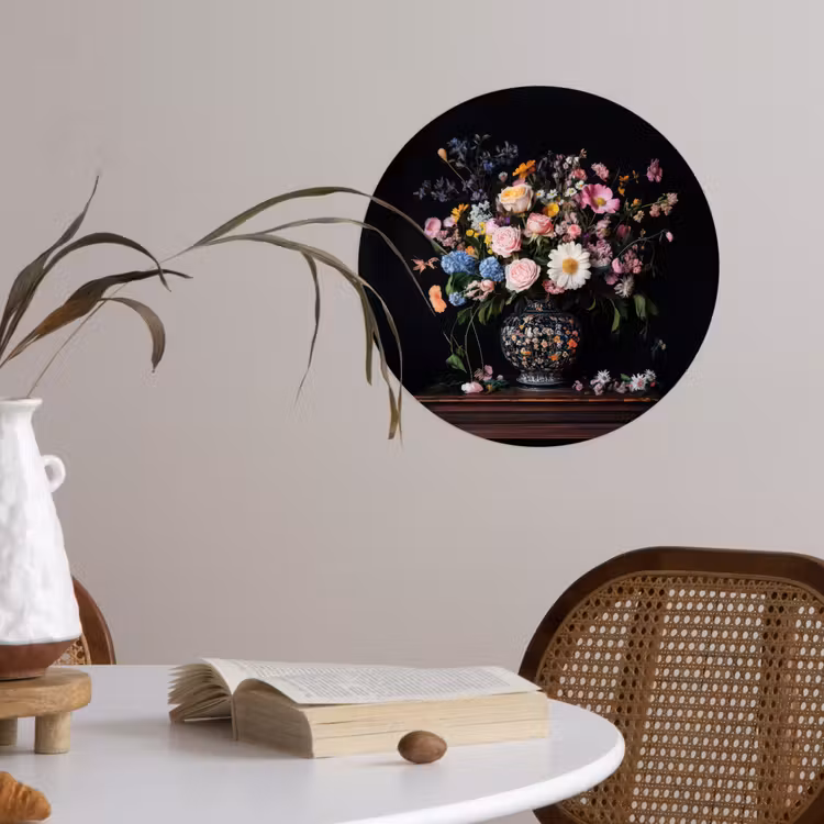 Bloemenvaas - Hout - Bloemen - Boeket Wandcirkel behangsticker klein -sfeer3