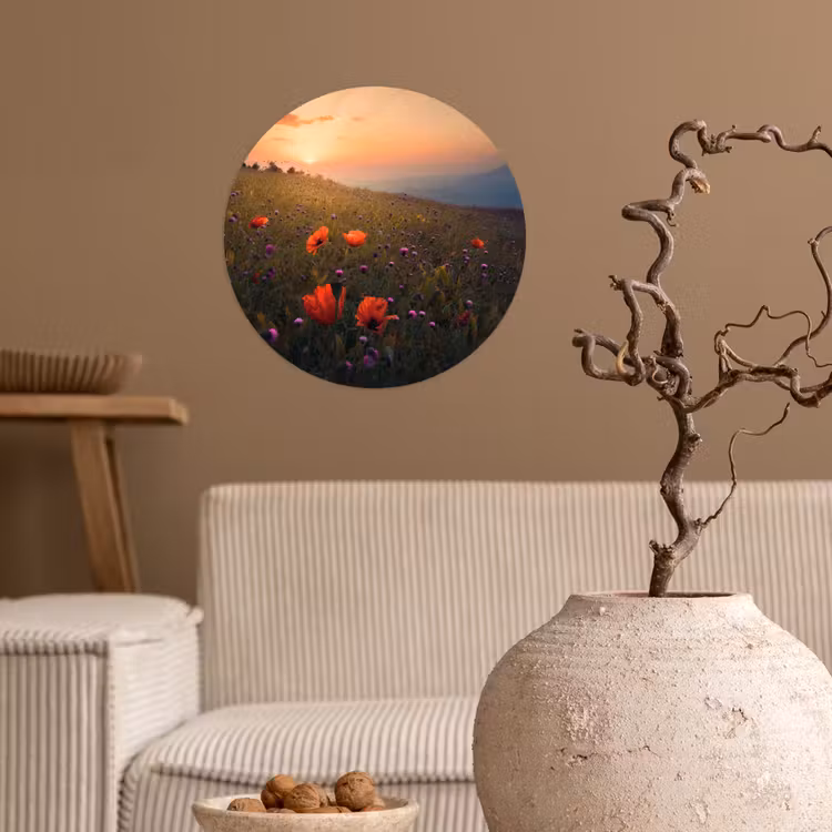 Bloemenveld - Gras - Bloemen - Planten - Zonsondergang - Oranje Wandcirkel behangsticker klein -sfeer1