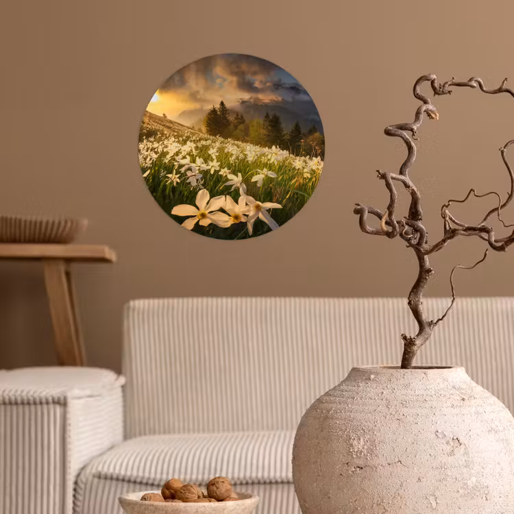 Bloemenveld - Heuvels - Zonsondergang - Berg - Natuur - Wit - Heuvels Wandcirkel behangsticker klein -sfeer1