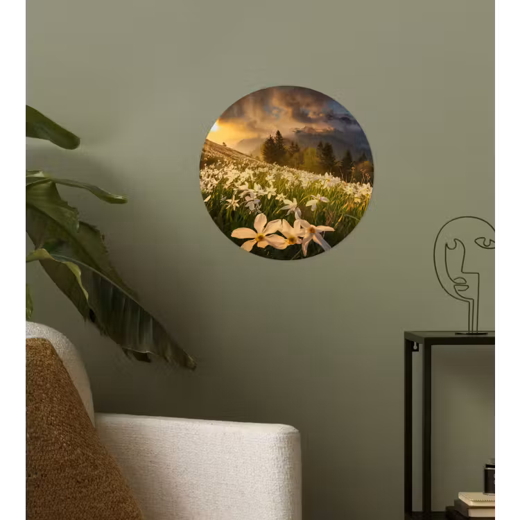 Bloemenveld - Heuvels - Zonsondergang - Berg - Natuur - Wit - Heuvels Wandcirkel behangsticker klein -sfeer2