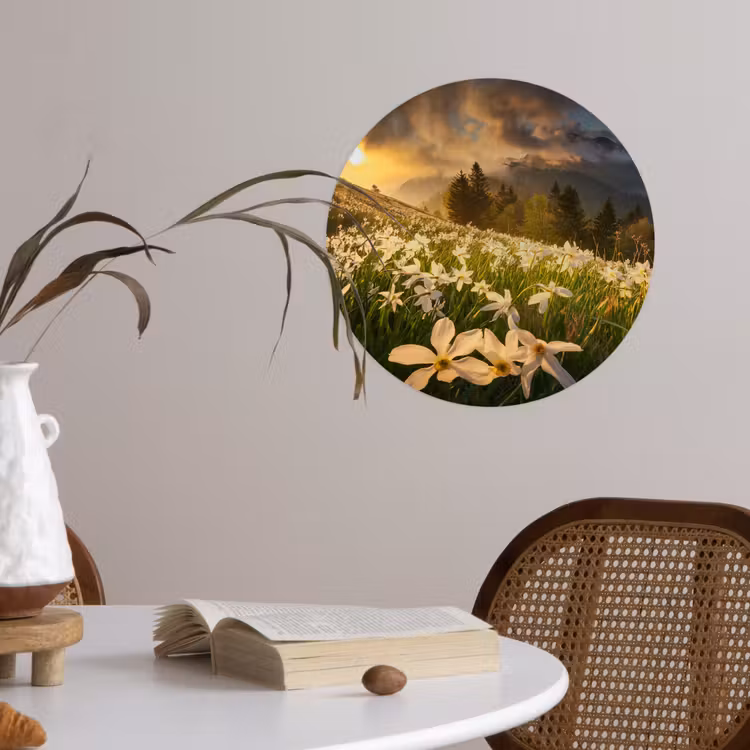 Bloemenveld - Heuvels - Zonsondergang - Berg - Natuur - Wit - Heuvels Wandcirkel behangsticker klein -sfeer3