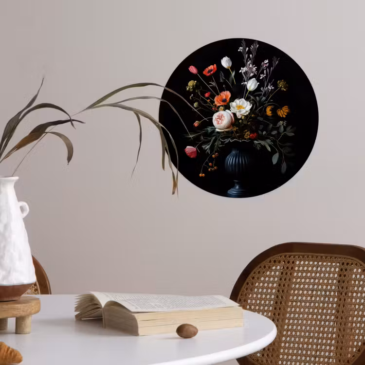 Bloemstuk - Vaas - Zwart Wandcirkel behangsticker klein -sfeer3