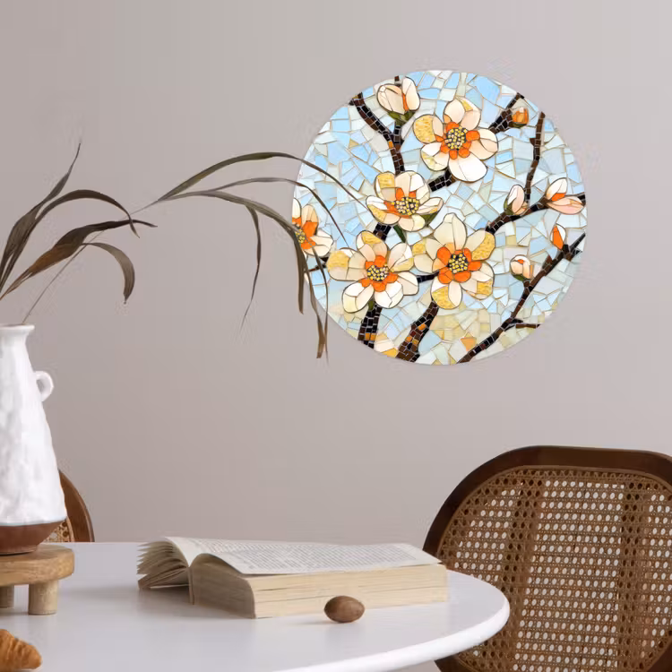Bloesems - Wit - Mozaïek - Tak Wandcirkel behangsticker klein -sfeer3