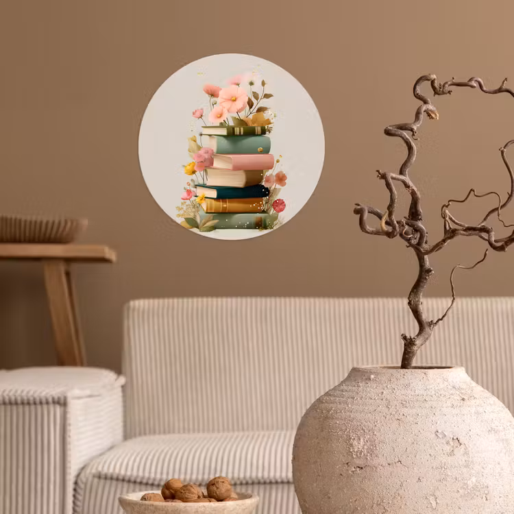 Boeken - Stapel - Bloemen - Kleurrijk Wandcirkel behangsticker klein -sfeer1
