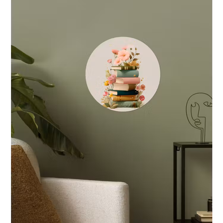 Boeken - Stapel - Bloemen - Kleurrijk Wandcirkel behangsticker klein -sfeer2