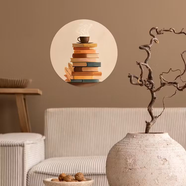 Boeken - Toren - Koffie - Beige Wandcirkel behangsticker klein -sfeer1