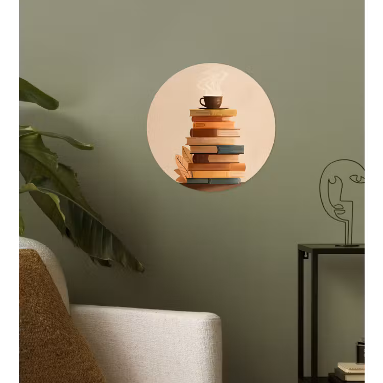 Boeken - Toren - Koffie - Beige Wandcirkel behangsticker klein -sfeer2