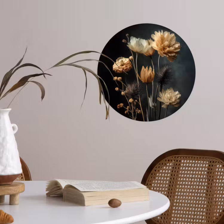 Boeket - Bloemen - Licht - Zwart Wandcirkel behangsticker klein -sfeer3