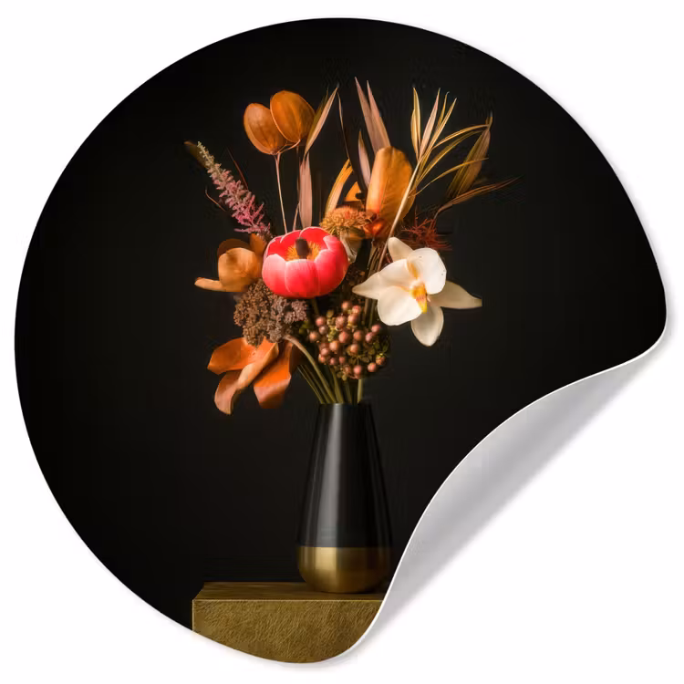 Boeket - Oranje - Gouden - vaas Wandcirkel behangsticker klein -3d