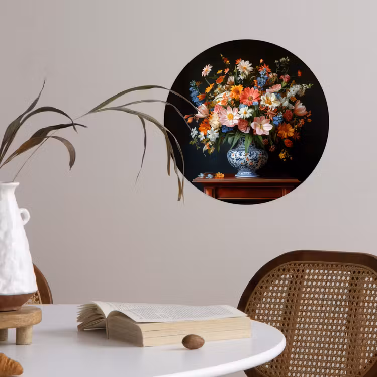 Boeket - Roze - Bloemen - Vaas Wandcirkel behangsticker klein -sfeer3