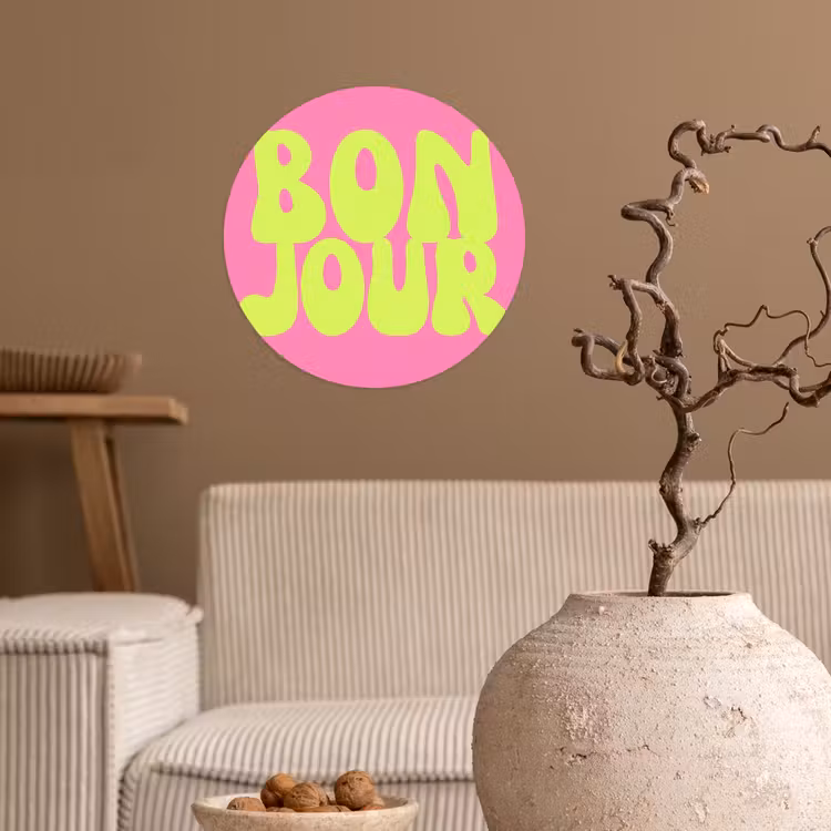 Bonjour - Roze - Fel groen Wandcirkel behangsticker klein -sfeer1