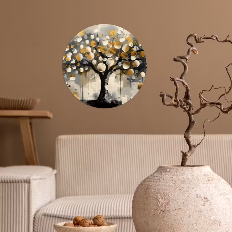 Boom - Abstract - Beige - Goud - Zwart Wandcirkel behangsticker klein -sfeer1