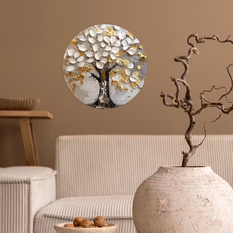 Boom - Beige - Grijs - Goud - Abstract Wandcirkel behangsticker klein -sfeer1