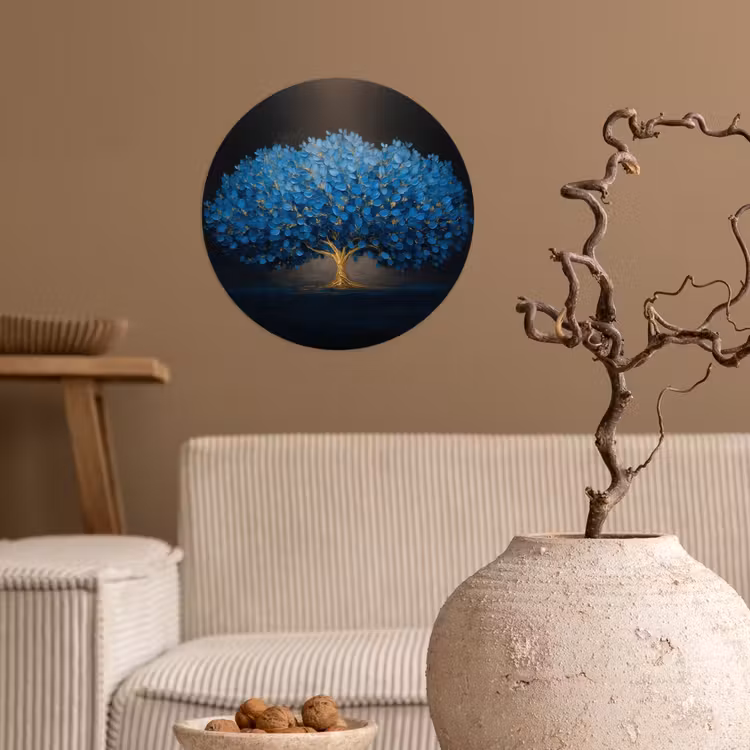 Boom - Blauw - Bladeren - Penseelstreken Wandcirkel behangsticker klein -sfeer1