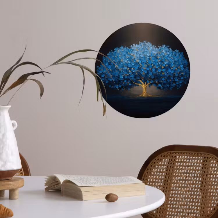 Boom - Blauw - Bladeren - Penseelstreken Wandcirkel behangsticker klein -sfeer3