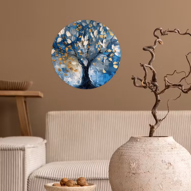 Boom - Blauw - Goud - Abstract Wandcirkel behangsticker klein -sfeer1
