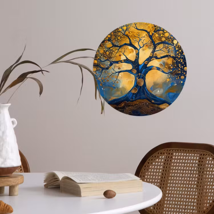 Boom - Levensboom - Blauw - Goud Wandcirkel behangsticker klein -sfeer3