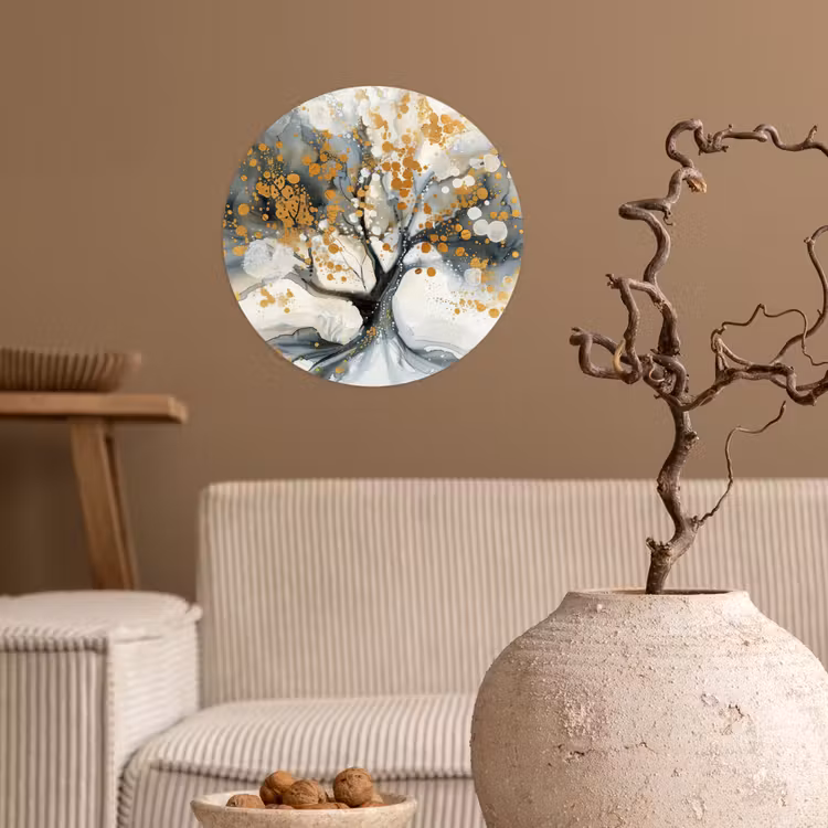 Boom - Modern - Abstract - Goud - Zwart - Wit Wandcirkel behangsticker klein -sfeer1