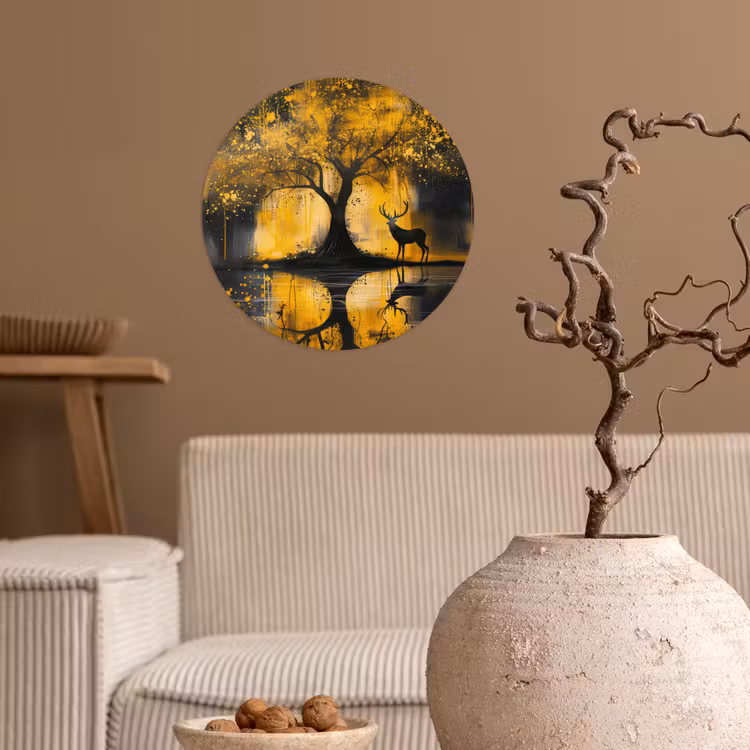 Boom - Verflook - Hert - Natuur - Goud Wandcirkel behangsticker klein -sfeer1