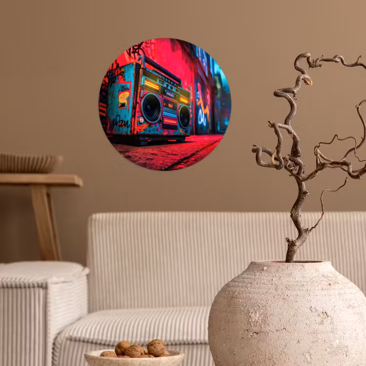 Boombox - Rood - Graffiti - Neon Wandcirkel behangsticker klein -sfeer1