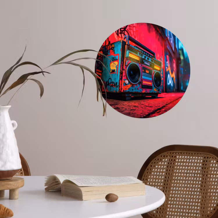 Boombox - Rood - Graffiti - Neon Wandcirkel behangsticker klein -sfeer3
