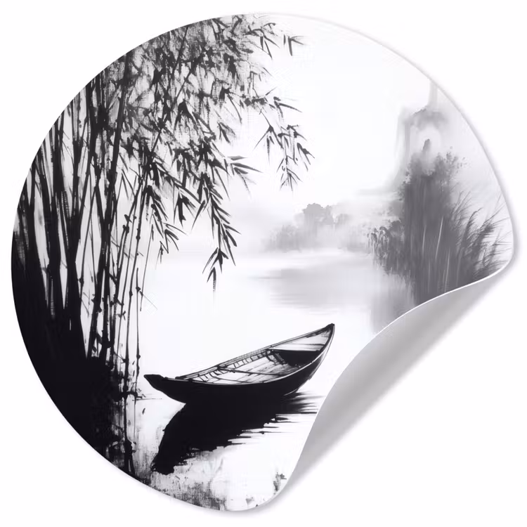 Boot - Rivier - Bamboe - Wit Wandcirkel behangsticker klein -3d