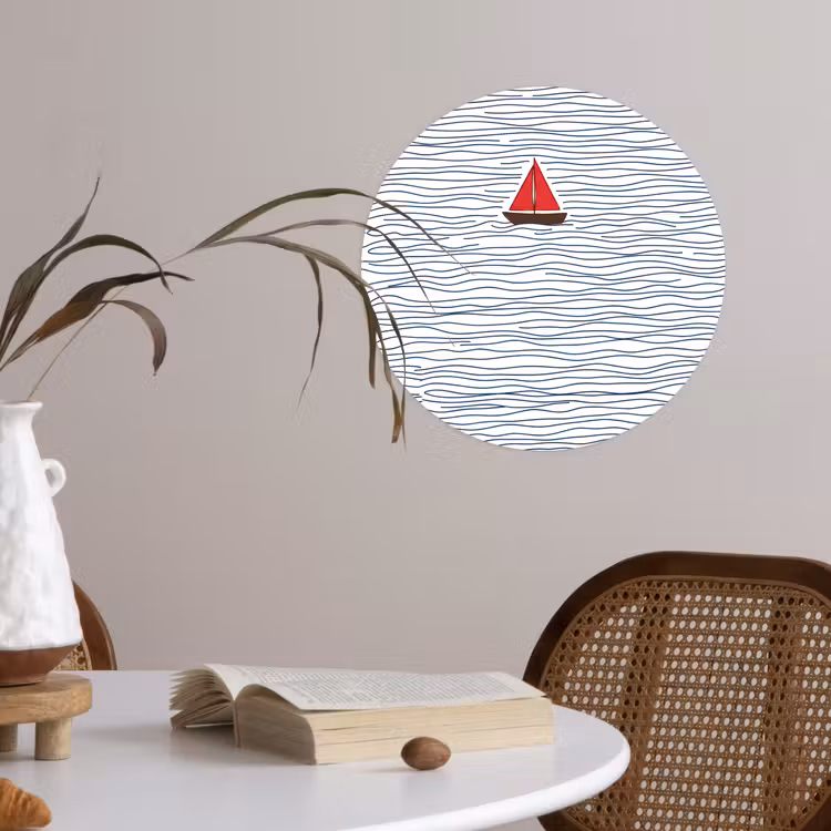 Boot - Water - Rood - Illustratie - Minimalistisch Wandcirkel behangsticker klein -sfeer3