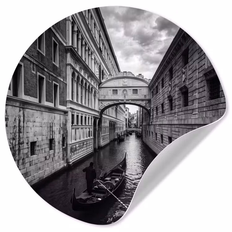 Boot - Waterweg - Stad - Zwart-wit - Architectuur Wandcirkel behangsticker klein -3d