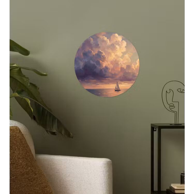 Boot - Zonsondergang - Zee - Natuur - Goud Wandcirkel behangsticker klein -sfeer2