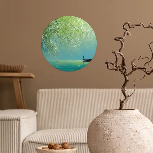 Bootje - Water - Bladeren - Bloesems Wandcirkel behangsticker klein -sfeer1