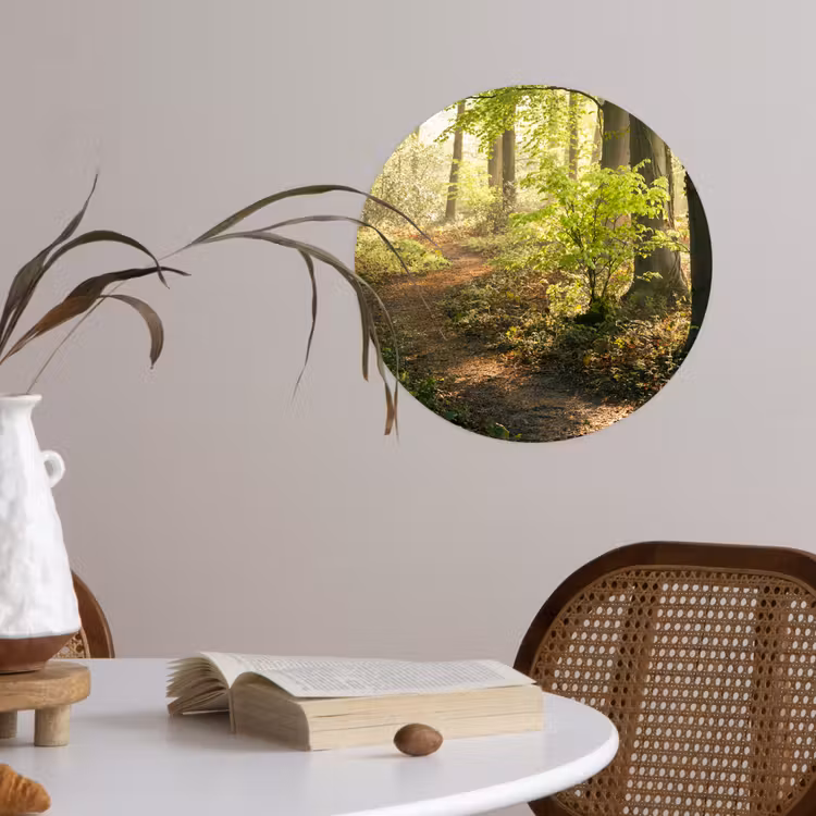 Bos - Bomen - Pad - Zon - Planten - Bladeren - Natuur Wandcirkel behangsticker klein -sfeer3