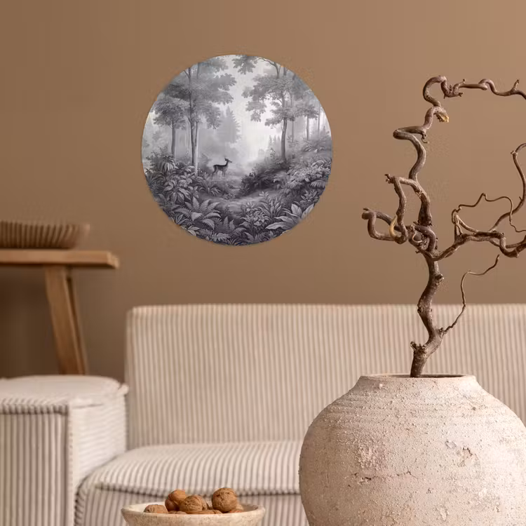 Bos - Hert - Zwart - Wit Wandcirkel behangsticker klein -sfeer1