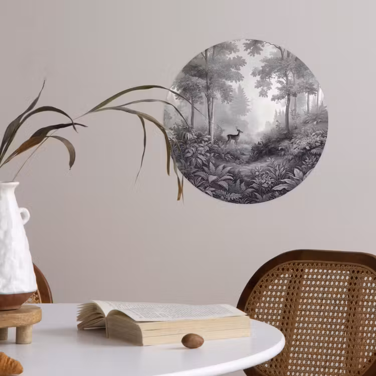 Bos - Hert - Zwart - Wit Wandcirkel behangsticker klein -sfeer3