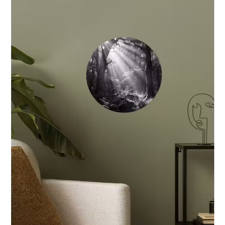 Bos - Lichtstralen - Natuur - Zwart-wit Wandcirkel behangsticker klein -sfeer2