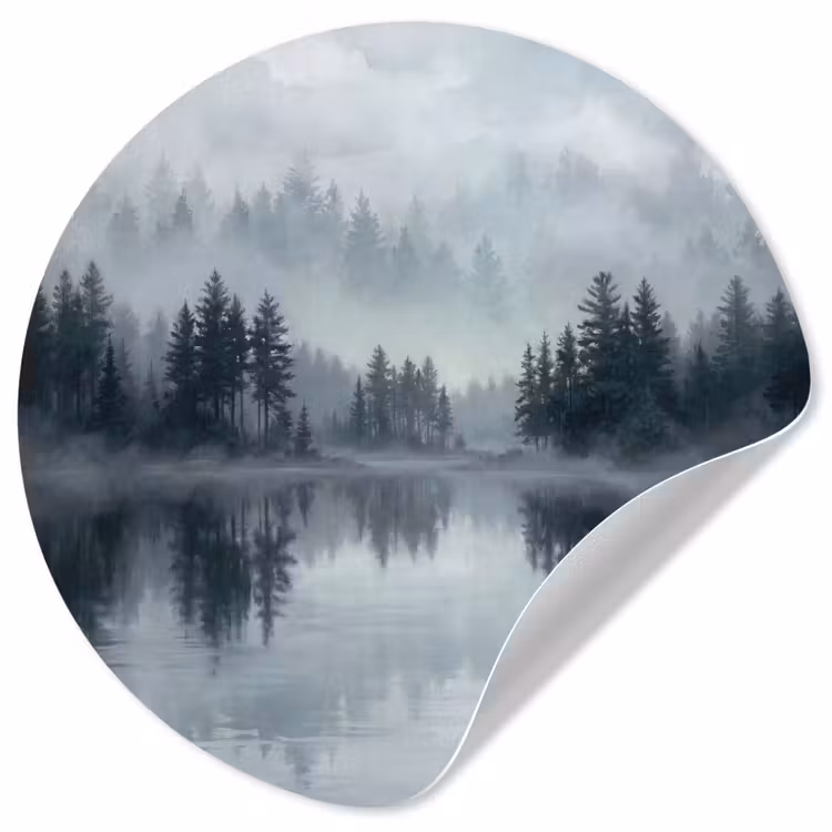 Bos - Meer - Mist - Natuur - Grijs Wandcirkel behangsticker klein -3d