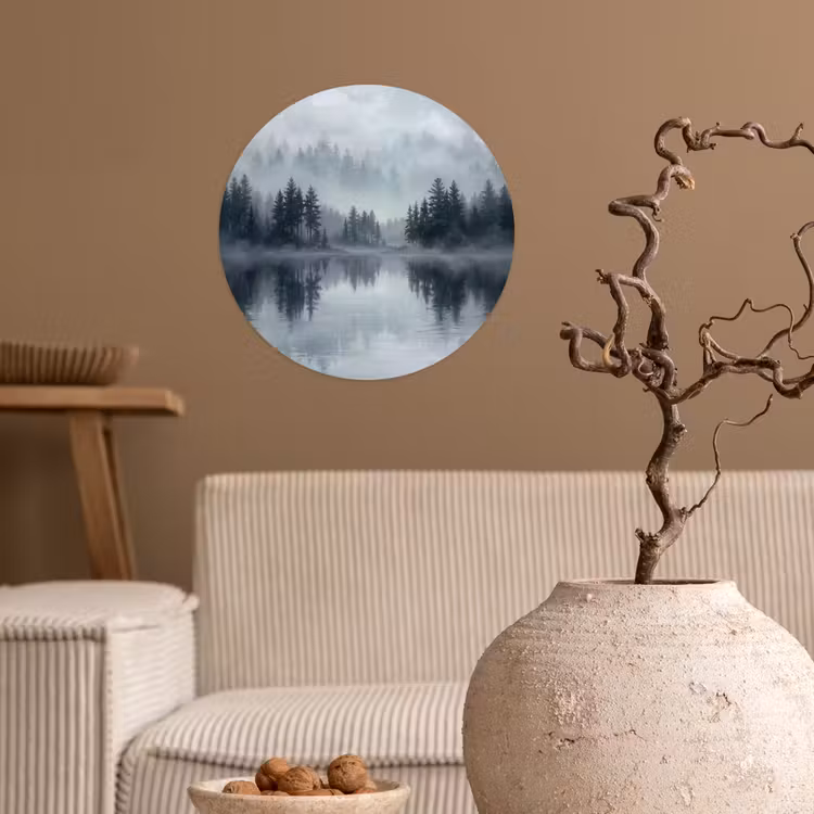 Bos - Meer - Mist - Natuur - Grijs Wandcirkel behangsticker klein -sfeer1