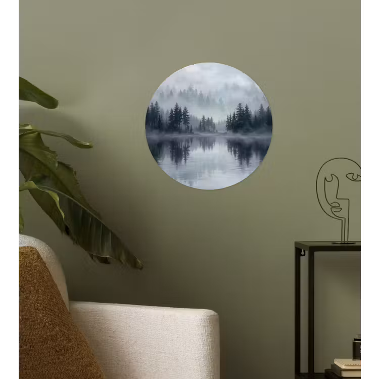Bos - Meer - Mist - Natuur - Grijs Wandcirkel behangsticker klein -sfeer2