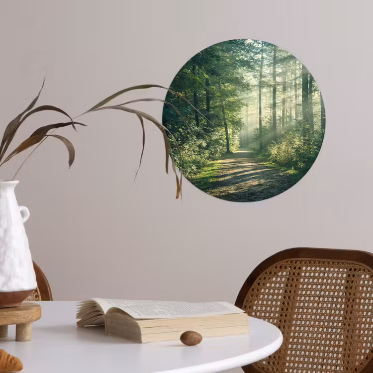 Bos - Pad - Zon - Bomen - Groen - Natuur Wandcirkel behangsticker klein -sfeer3